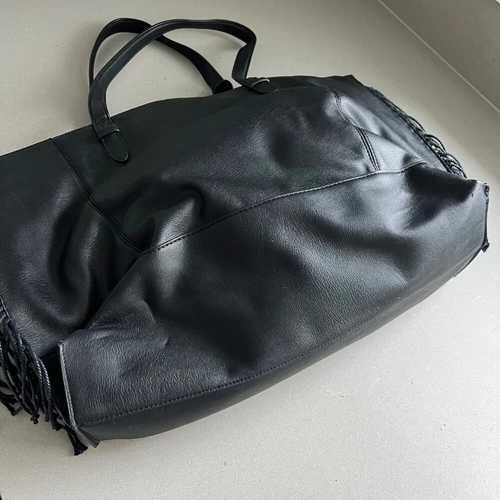Simply Vera Wang Black Boswell Basketweave Fringe Faux Leather Black Satchel